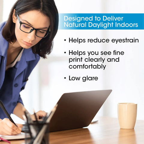 Woman using laptop in well-lit office with text promoting benefits of Soft Touch LED Desk Lamp With 3 Brightness Levels And 450 Lumens.