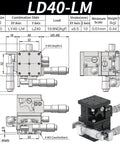 Rock Solid Precision 3 Axis Manual Linear Stage With 40 Millimeter Roller Guide Platform details and dimensions in diagram.