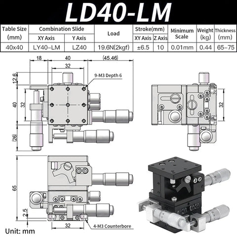 Rock Solid Precision 3 Axis Manual Linear Stage With 40 Millimeter Roller Guide Platform details and dimensions in diagram.