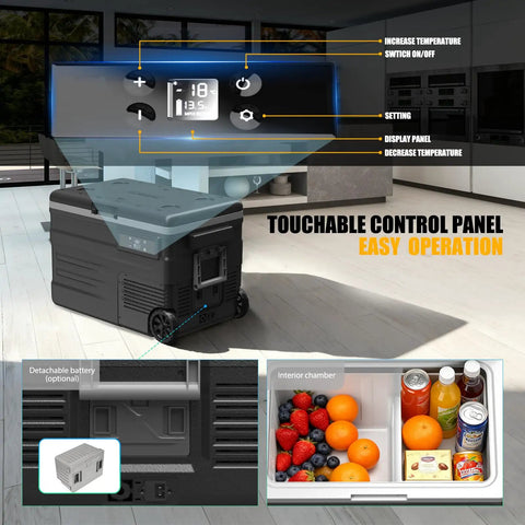 Control panel of Dual Zone Portable Fridge And Freezer With Heavy Duty Wheels, 42Quart Electric Cooler showing temperature settings.
