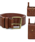 Easy Adjust Vintage Brown Leather Waist Belt With Heavy Duty Industrial Buckle and brown pouch for larp, cosplay, or casual wear.