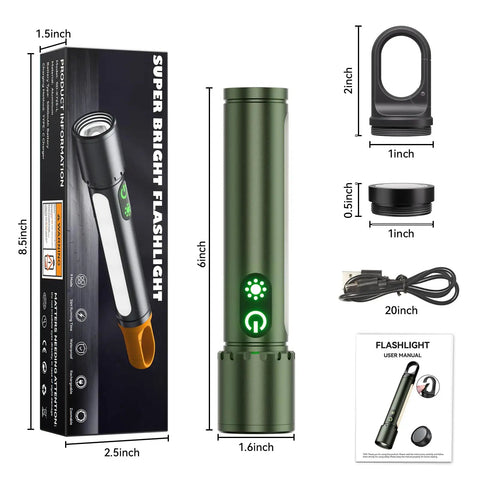 Ultra Bright Rechargeable Beast Mode LED Flashlight with Zoom Beam and Side Light Hanging Clip All In One Multi Function Light for Camping Emergency Hiking Dog Walking and Home Use Waterproof. Includes flashlight, cable, accessories, and box.