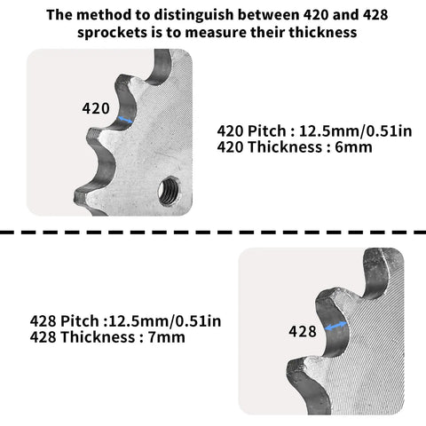 Comparison of 420 and 428 sprocket thickness; 420 sprocket measures 6mm thick, 428 sprocket measures 7mm thick for chain fitting.