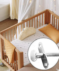 Two Piece Stainless Steel Spring Plunger Latch Lock Set 6.5 By 80 Mm for securing crib and bed frames, shown in nursery setting.