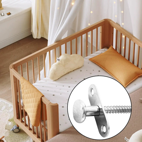Two Piece Stainless Steel Spring Plunger Latch Lock Set 6.5 By 80 Mm for securing crib and bed frames, shown in nursery setting.