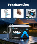 Self Heating LiFePO4 Battery With App Monitoring, 12.8V 300Ah shown with dimensions and weight on a solar panel outdoors.