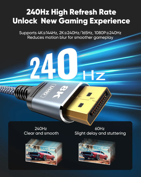 Rock Solid Fiber Optic DisplayPort 1.4 Cable 50 Feet with 240Hz high refresh rate for smooth gameplay.