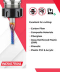 Spektra Coated Solid Carbide Down Cut Router Bit For Carbon Fiber Panels And Graphite, 1/8 Dia, 1/2 Cutting Height, 1/4 Shank, 2 Overall Length, Made In USA, Nanocomposite Coating Delivers Extreme Heat Resistance And Smooth Beast Cuts close-up with cutting applications displayed.