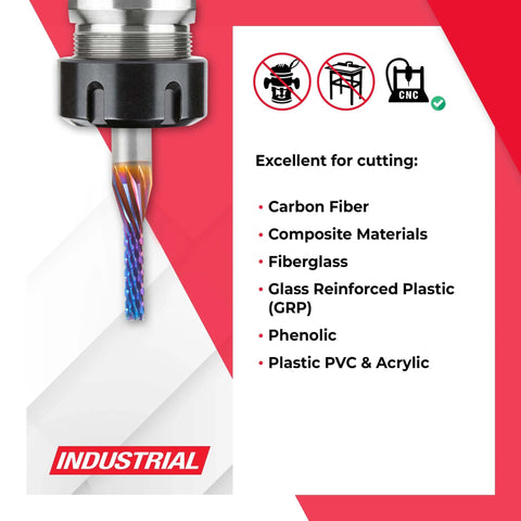 Spektra Coated Solid Carbide Down Cut Router Bit For Carbon Fiber Panels And Graphite, 1/8 Dia, 1/2 Cutting Height, 1/4 Shank, 2 Overall Length, Made In USA, Nanocomposite Coating Delivers Extreme Heat Resistance And Smooth Beast Cuts close-up with cutting applications displayed.