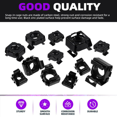 Heavy Duty Black Zinc Plated Carbon Steel Cage Nuts 48 Pc Assortment Snap In Rack Rail Retainer Hardware For Server Cabinets And Telecom Racks M4 Through M12 Solid Grip Clips, various sizes displayed.