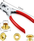 301 Pcs Grommet Eyelet Pliers Tool Kit With 300 Metal Eyelets For Belt Shoes Clothes Fabric Leather DIY Repair One Quarter Inch Inner Diameter Gold Finish Punched Eyelets And Grommets Set, with red-handled 6.2-inch pliers and gold eyelets details.