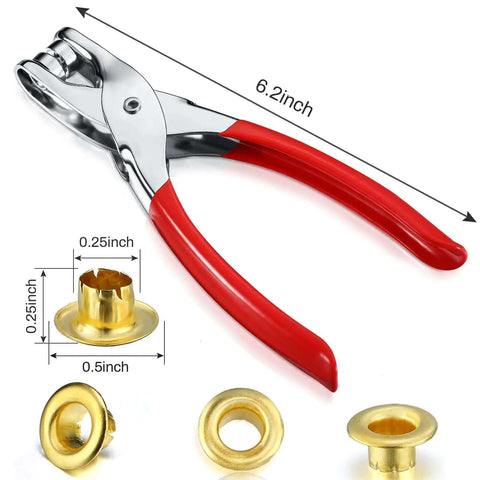301 Pcs Grommet Eyelet Pliers Tool Kit With 300 Metal Eyelets For Belt Shoes Clothes Fabric Leather DIY Repair One Quarter Inch Inner Diameter Gold Finish Punched Eyelets And Grommets Set, with red-handled 6.2-inch pliers and gold eyelets details.