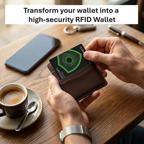 Person inserting RFID Blocking Card 2 Pack For Wallet Defense And Travel Safety Shield Your Credit Debit ID And Passport From 13 56 MHz NFC Signals Contactless Protector And Everyday Travel Defender into wallet