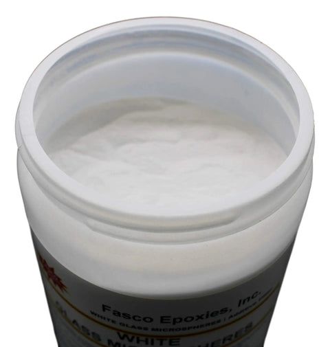 Open tub of white glass microspheres epoxy and polyester resin filler for lightweight fairing glass bubbles used as putty