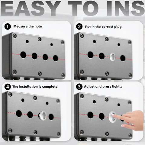 Step-by-step installation process of Twelve Pack Built Tough Stainless Steel Knockout Plugs for electrical boxes.