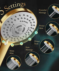 5 settings of 12 Inch Rain Shower Head with 11 Inch Adjustable Extension Arm and 5 Function High Pressure Handheld Shower Brushed Gold