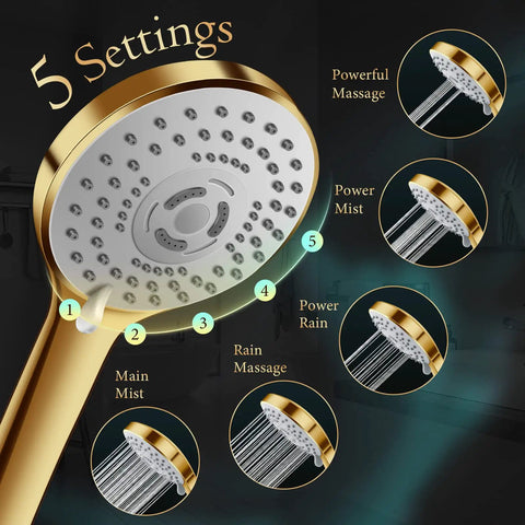 5 settings of 12 Inch Rain Shower Head with 11 Inch Adjustable Extension Arm and 5 Function High Pressure Handheld Shower Brushed Gold