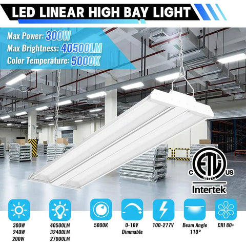 4 Pack LED Linear High Bay Lights Power Options 300W 240W 200W 40500LM 5000K Daylight Dimmable 0-10V in a warehouse setup