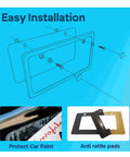 Illustration showing easy installation of a real carbon fiber license plate frame and anti-rattle pads.