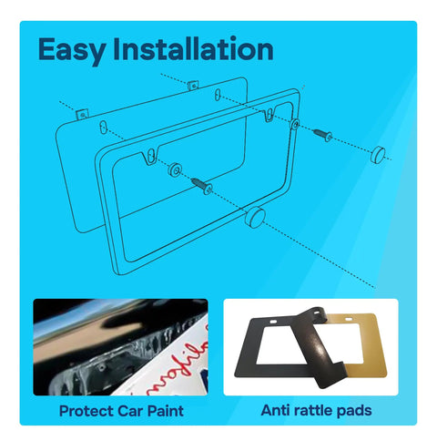 Illustration showing easy installation of a real carbon fiber license plate frame and anti-rattle pads.
