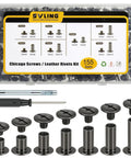 Kickass 155 Piece Black Chicago Screws And Leather Rivets Kit With Assorted M4 And M5 Sizes, shown with screws and a driver.