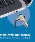 Get Your Hands On This Badass Laptop Security Cable Lock With Sweet Push Button Design And Resettable Four Digit Combination Code On Six Foot Cut Resistant Steel Wire For Office, attached to a laptop.