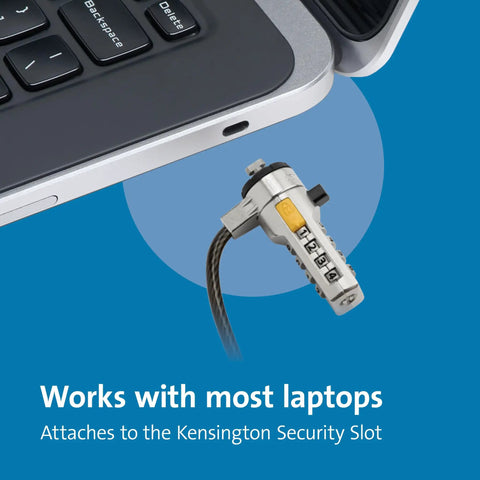 Get Your Hands On This Badass Laptop Security Cable Lock With Sweet Push Button Design And Resettable Four Digit Combination Code On Six Foot Cut Resistant Steel Wire For Office, attached to a laptop.
