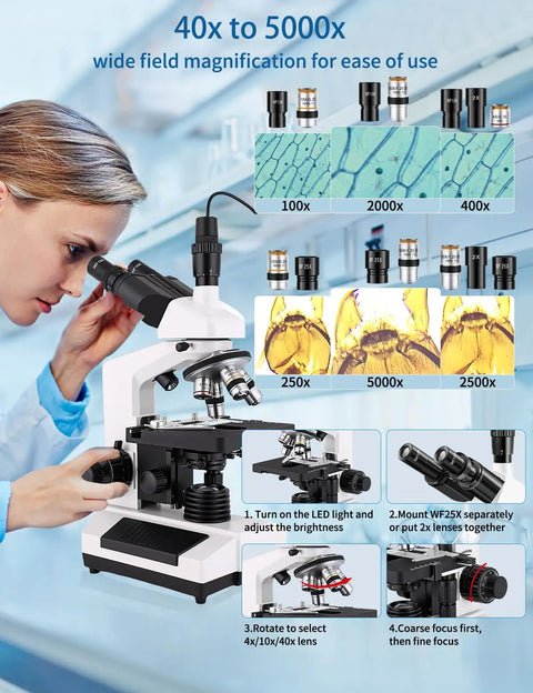 All In One Binocular Compound Microscope Kit For Kids And Grownups With WF10x And WF25x Eyepieces in use for slide viewing