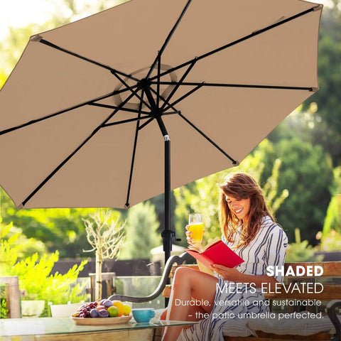 9Ft Patio Umbrella With Base Included For Outdoor Deck And Poolside Relaxation 8 Sturdy Ribs Waterproof Fade Resistant Tan Polyester Canopy
