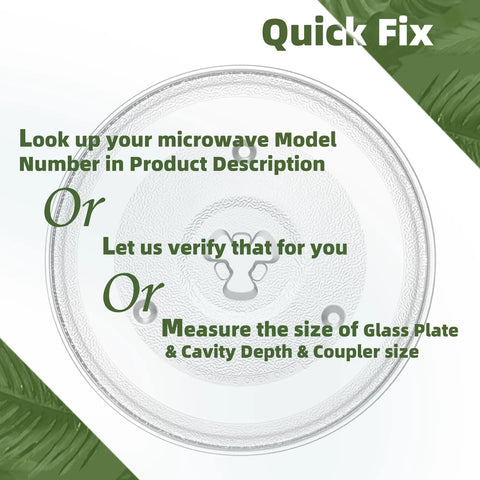 10.6 Inch Microwave Glass Turntable Replacement Plate For Hamilton Beach P90D23AL-R1 GE WB48X26755 And Whirlpool WPW10551236 A Precise Fit For Reliable Cooking And Easy Cleaning, shown with model fitting instructions.