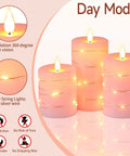 Three Pack Pink Real Wax Flameless Taper Candles With Lifelike Flickering LED Flame And Surrounding Fairy Lights For A Cozy Romantic Glow