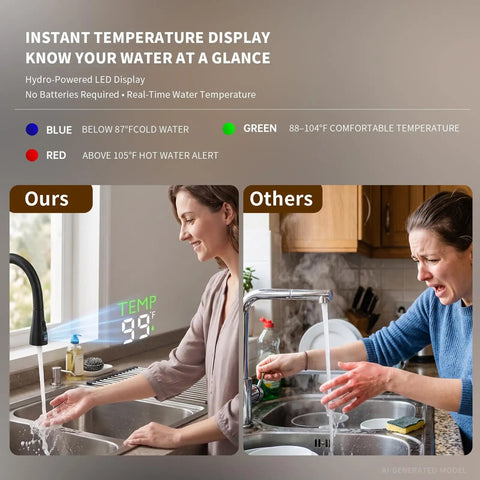 Commercial Grade Kitchen Workstation Faucet with Glass Rinser & LED showing instant temperature display and user interaction.