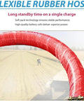 Flexible rubber hose curved with agricultural field background, highlighting features of long standby time and stable performance.