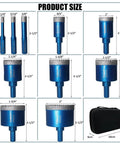 Tile hole saw kit BeQell 10pc blue diamond core drill bits with triangle shank and storage case