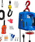 Rock Solid Bigorenda 3 In 1 Electric Hoist Winch with 1100 lb capacity, accessories including remote control, hooks, and gloves.