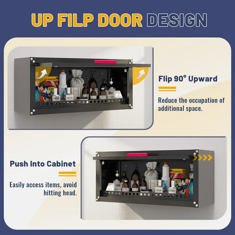 Sturdy 31.5 Inch Metal Wall Cabinet For Garage With Up Flip Door And Handle, Wall Mounted Floating Tool Storage Cabinet For Garage, Basement, And Warehouse, Tough As Nails Heavy Duty Steel Construction Built To Last, open with stored items