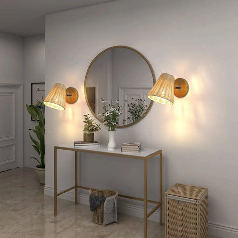 Black Metal Wall Sconce Light With Pull Chain 1 Light Farmhouse Industrial Lamp in a hallway with a mirror and console table.