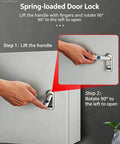 Spring-loaded door lock operation showing a hand lifting the handle and rotating it 90 degrees to the left to open.