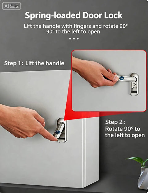Spring-loaded door lock operation showing a hand lifting the handle and rotating it 90 degrees to the left to open.