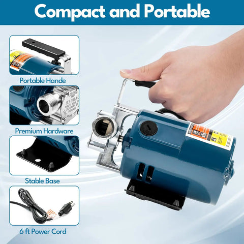 Portable Electric Water Transfer Pump 115V 1/10HP delivers 330GPH with handle, quality hardware, base, and power cord.