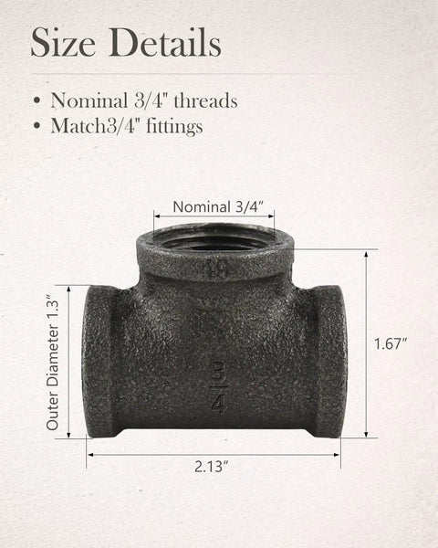 Dimensions of a 10 Pack Three Quarter Inch Malleable Cast Iron Pipe Tees For Threaded Black Pipes And Fittings DIY Steampunk Industrial Vintage Style Durable Fit With Standard Female Threads