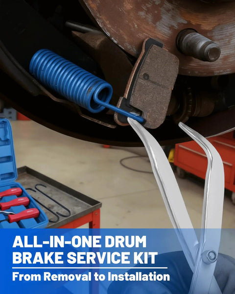 Close-up of 10 Piece Drum Brake Tool Kit With Case And Gloves For Auto Repair, showing pliers and spring on drum brake