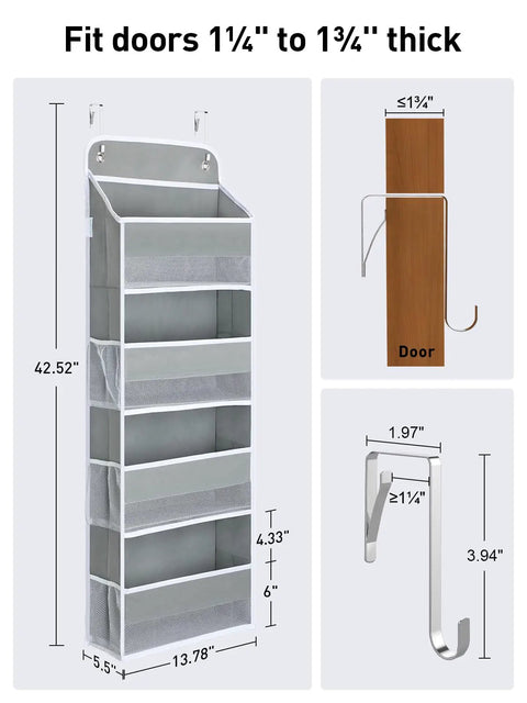 Over The Door Organizer With Four Bins And Six Mesh Pockets Swing Proof Hanging Storage For Nursery And Baby Essentials Toys And Stuffed Animals Perfect For Dorm Rooms And Bathrooms 42 Inches Tall dimensions and door fitting guide