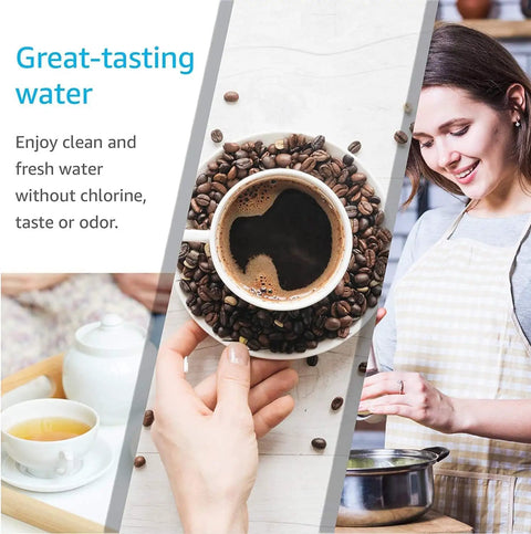 Collage of water filtering with coffee beans, tea, and cooking showing benefits of Ultra Efficient 6L Water Filter Replacement For Brita Elite Pitchers And Dispensers No Fuss Easy Install With Easy Pull Top Cap Lasts 120 Gallons Or About 6 Months 2 Pack For Everyday Hydration