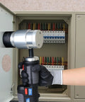 Battery Powered Hydraulic Knockout Punch Kit EZ 8AL being used to punch a hole in a metal electrical enclosure