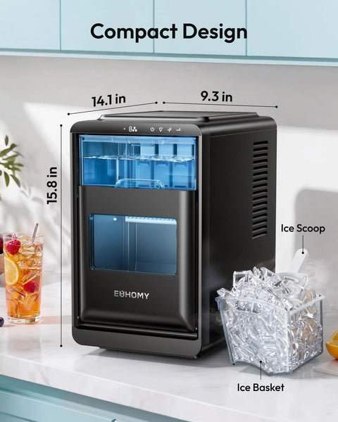 Countertop Crescent Ice Maker Slings Sixteen Chill Cubes In Twelve Minutes On Timer With Auto Flush Cycle And Adjustable Thickness, compact design with ice basket.
