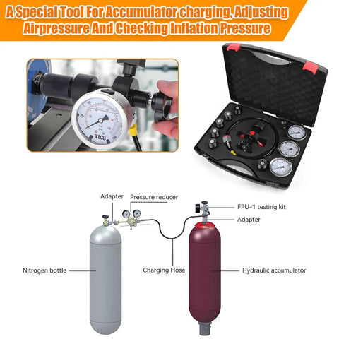 Pro Grade Hydraulic Accumulator Kit With Nitrogen Fill, Gas Valve Test Kit, three high pressure gauges and durable case