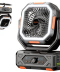 Portable Camping Fan With 20000mAh Battery Remote And Led Lantern, black and orange fan with speed control and light panel.