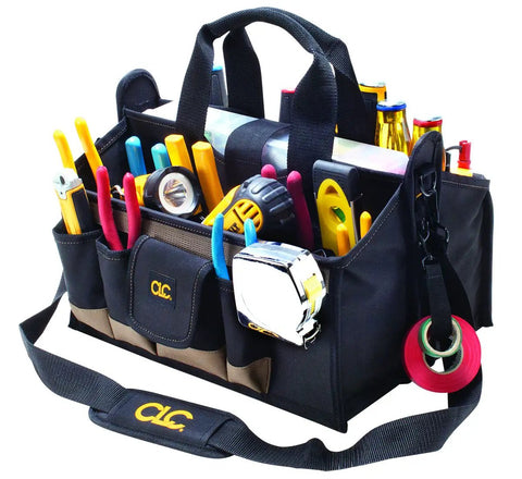 16 Inch Center Tray Tool Bag With 16 Pockets Built Tough Heavy Duty Tool Organizer with tools inside and padded handles