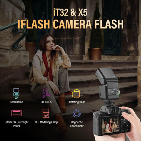 Woman sitting on steps with TTL Camera Flash For Sony With X5S Trigger Kit Diffuser Magnetic Hotshoe And Two In One Wireless Trigger.